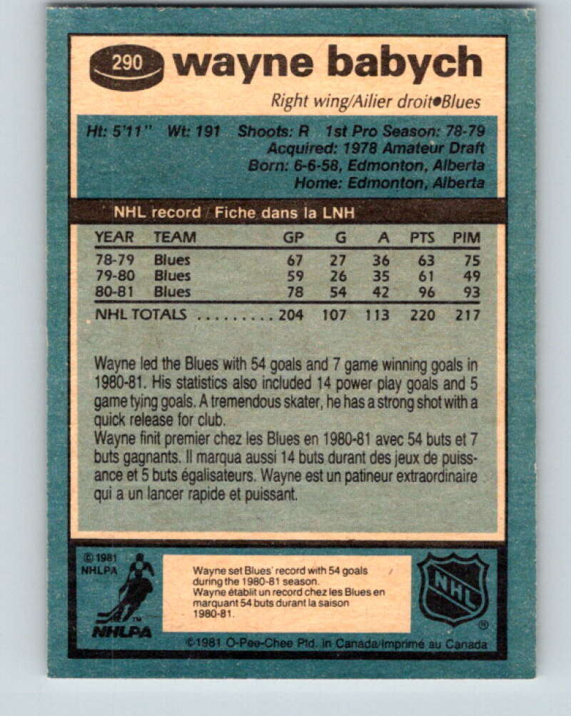 1981-82 O-Pee-Chee #290 Wayne Babych St. Louis Blues V31533
