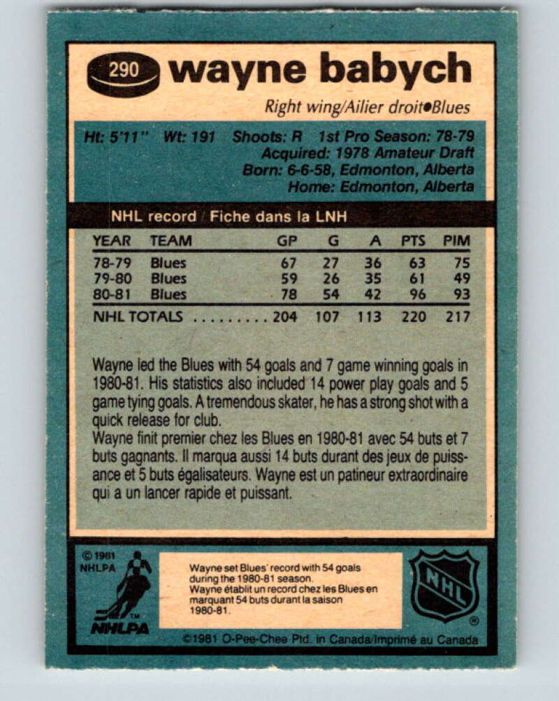 1981-82 O-Pee-Chee #290 Wayne Babych St. Louis Blues V31534