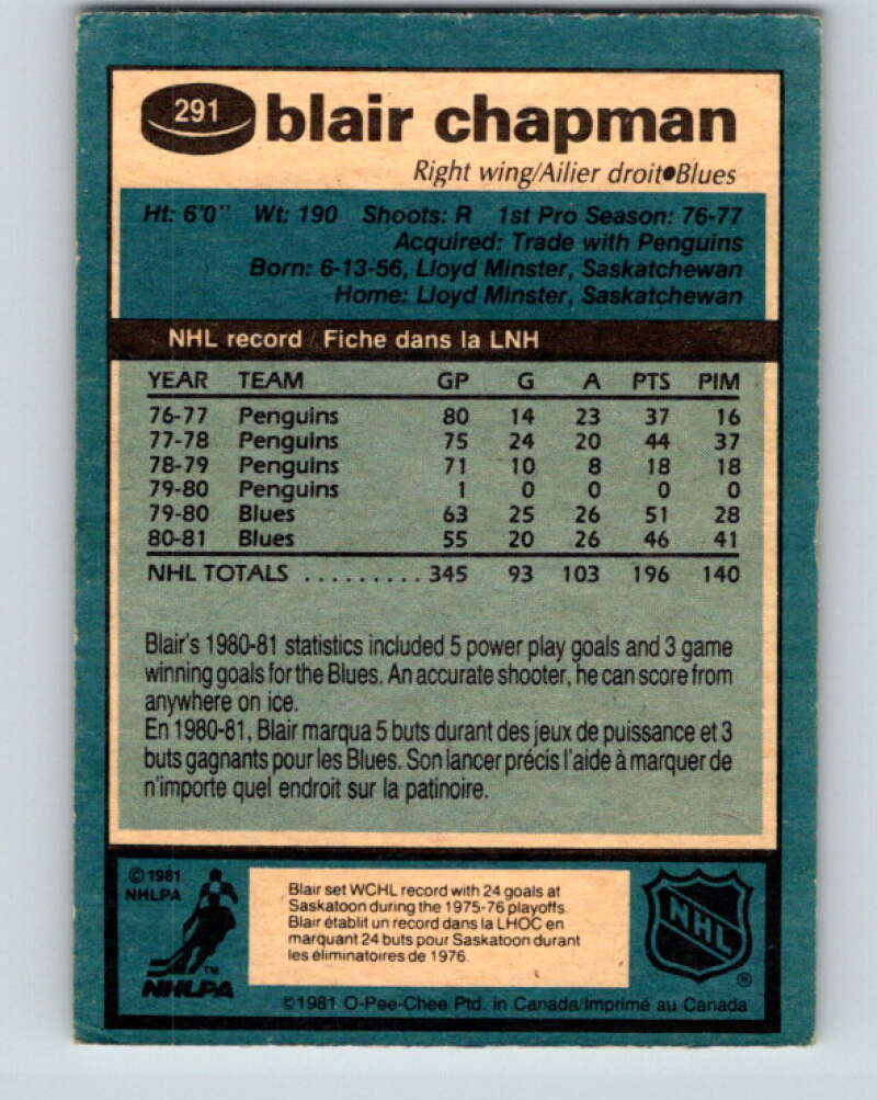 1981-82 O-Pee-Chee #291 Blair Chapman St. Louis Blues V31536