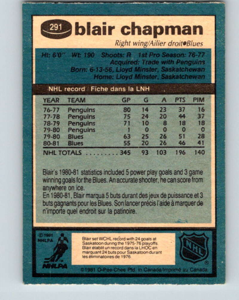 1981-82 O-Pee-Chee #291 Blair Chapman St. Louis Blues V31538