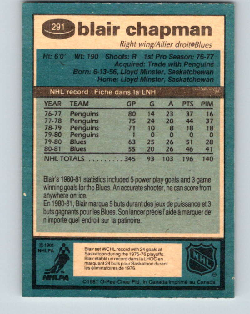 1981-82 O-Pee-Chee #291 Blair Chapman St. Louis Blues V31539