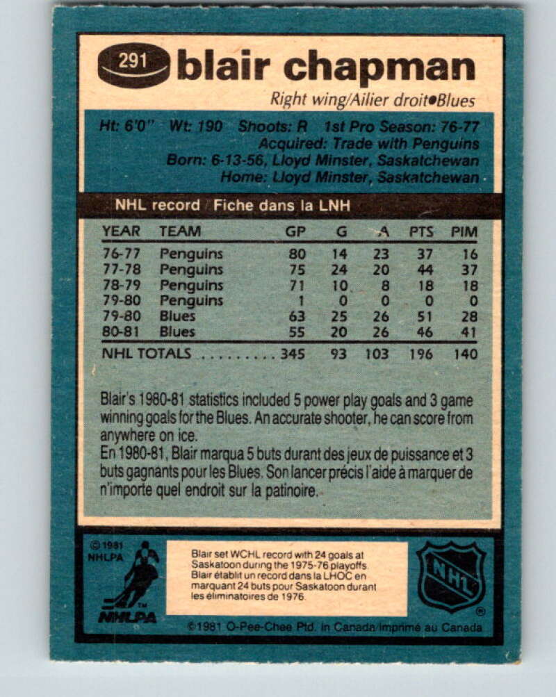 1981-82 O-Pee-Chee #291 Blair Chapman St. Louis Blues V31540