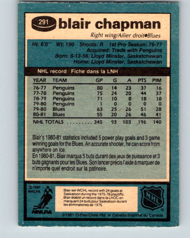 1981-82 O-Pee-Chee #291 Blair Chapman St. Louis Blues V31542