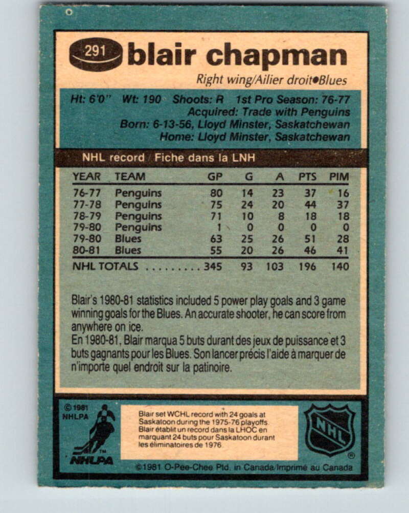 1981-82 O-Pee-Chee #291 Blair Chapman St. Louis Blues V31543
