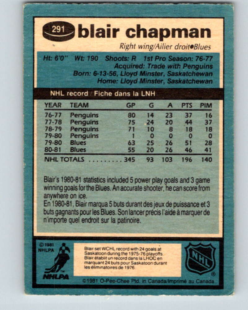1981-82 O-Pee-Chee #291 Blair Chapman St. Louis Blues V31546
