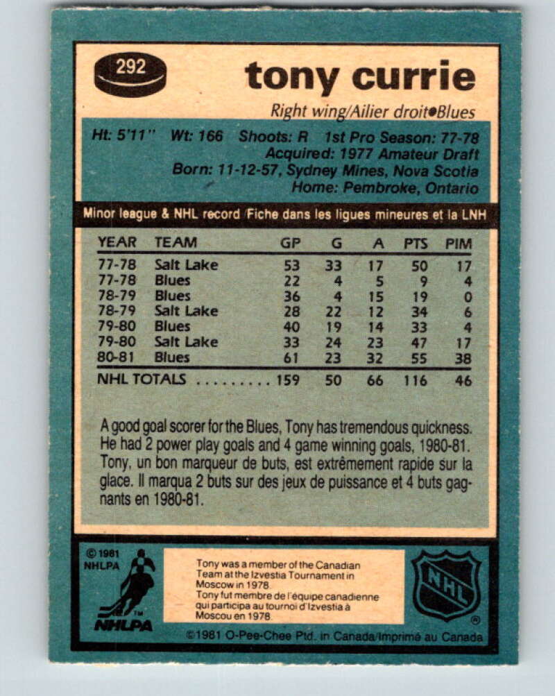 1981-82 O-Pee-Chee #292 Tony Currie St. Louis Blues V31547