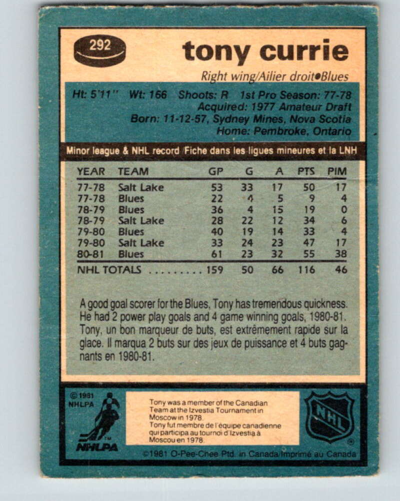 1981-82 O-Pee-Chee #292 Tony Currie St. Louis Blues V31549