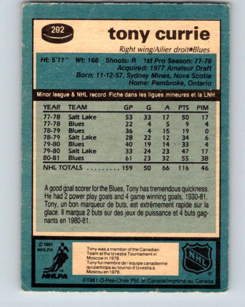 1981-82 O-Pee-Chee #292 Tony Currie St. Louis Blues V31550