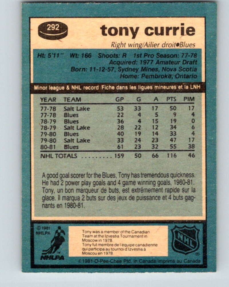 1981-82 O-Pee-Chee #292 Tony Currie St. Louis Blues V31551