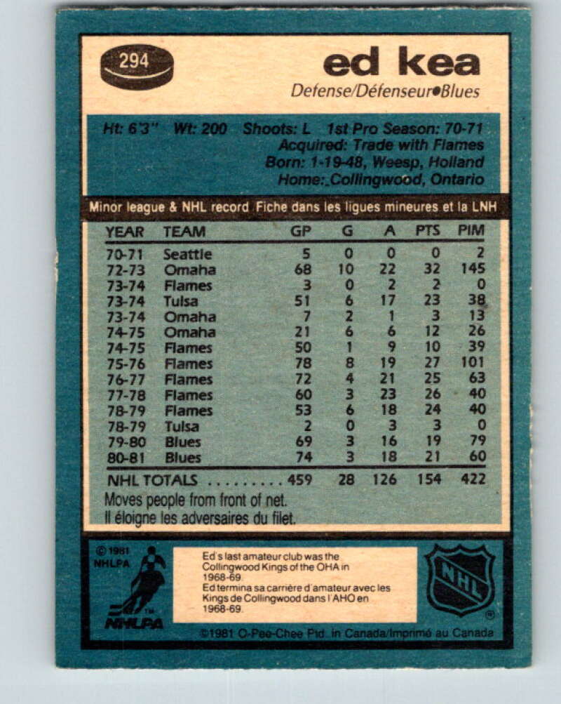 1981-82 O-Pee-Chee #294 Ed Kea St. Louis Blues V31557