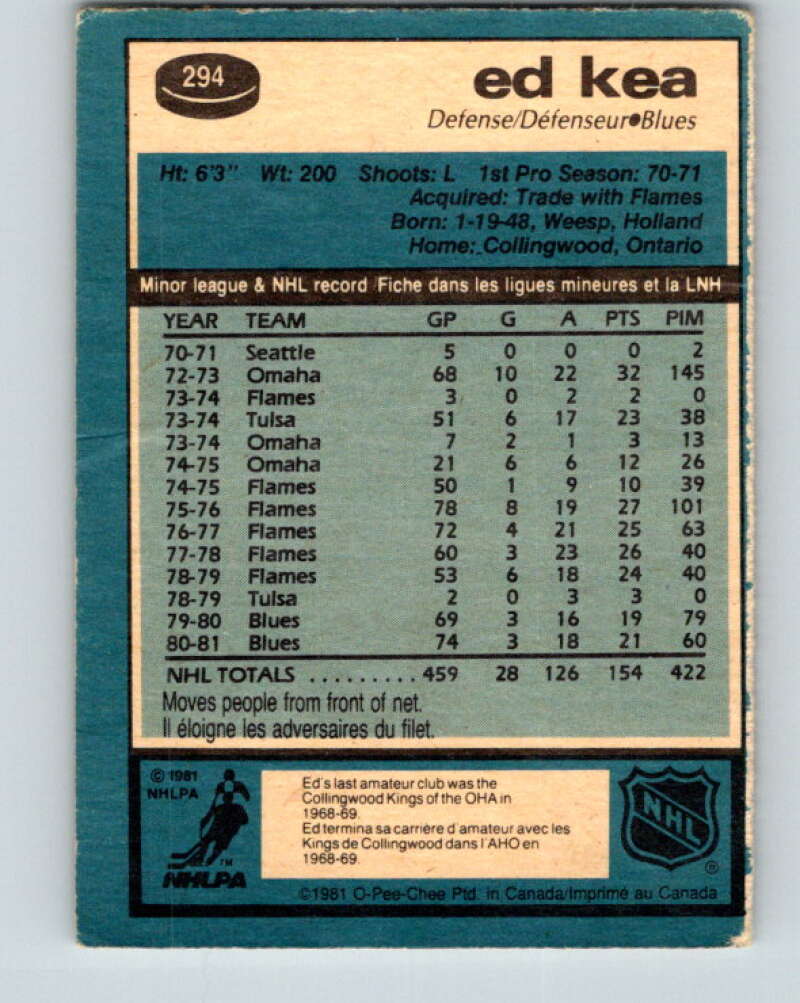 1981-82 O-Pee-Chee #294 Ed Kea St. Louis Blues V31558