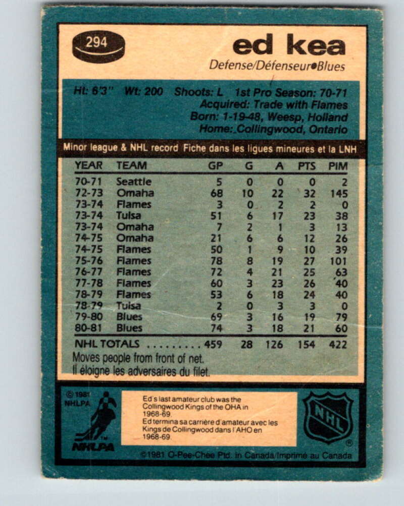1981-82 O-Pee-Chee #294 Ed Kea St. Louis Blues V31559