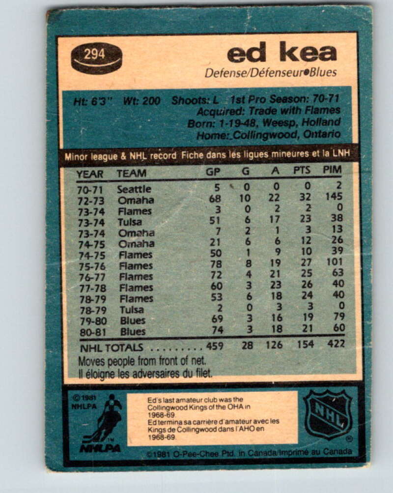 1981-82 O-Pee-Chee #294 Ed Kea St. Louis Blues V31560