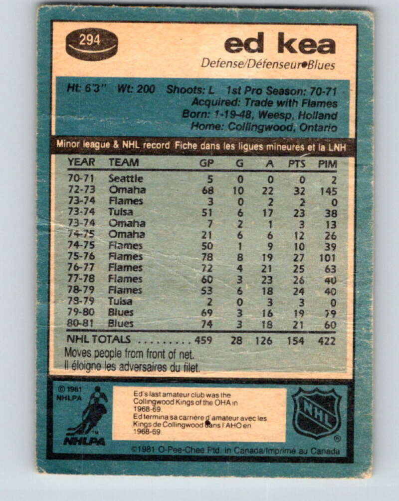 1981-82 O-Pee-Chee #294 Ed Kea St. Louis Blues V31561