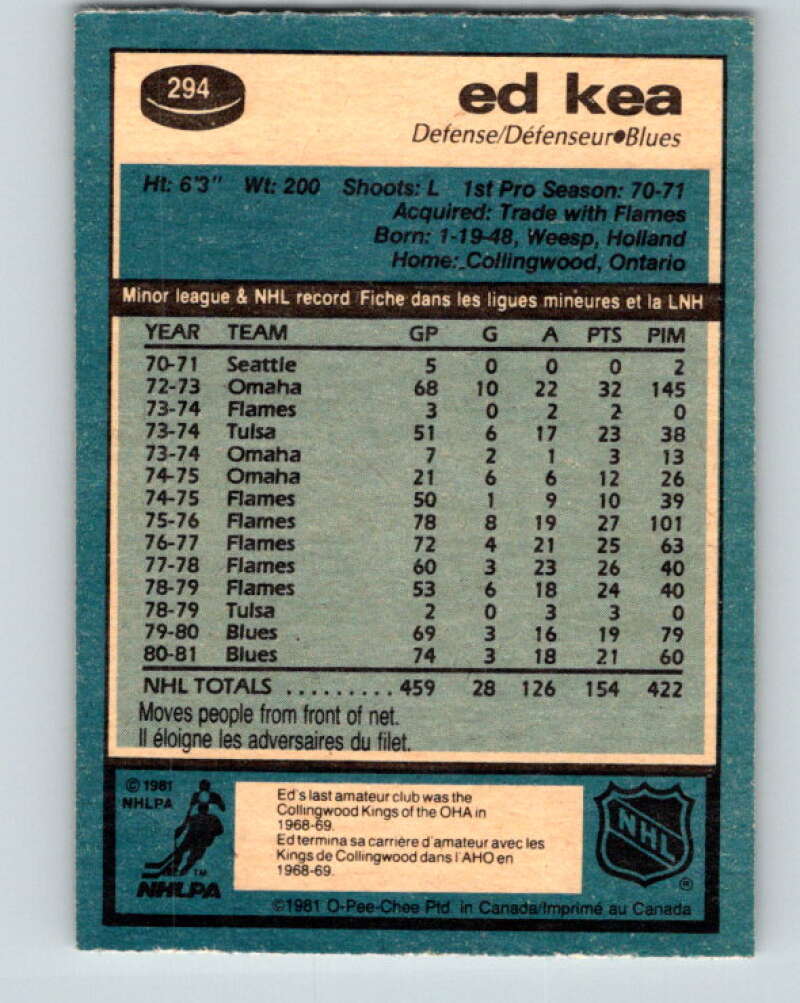 1981-82 O-Pee-Chee #294 Ed Kea St. Louis Blues V31562