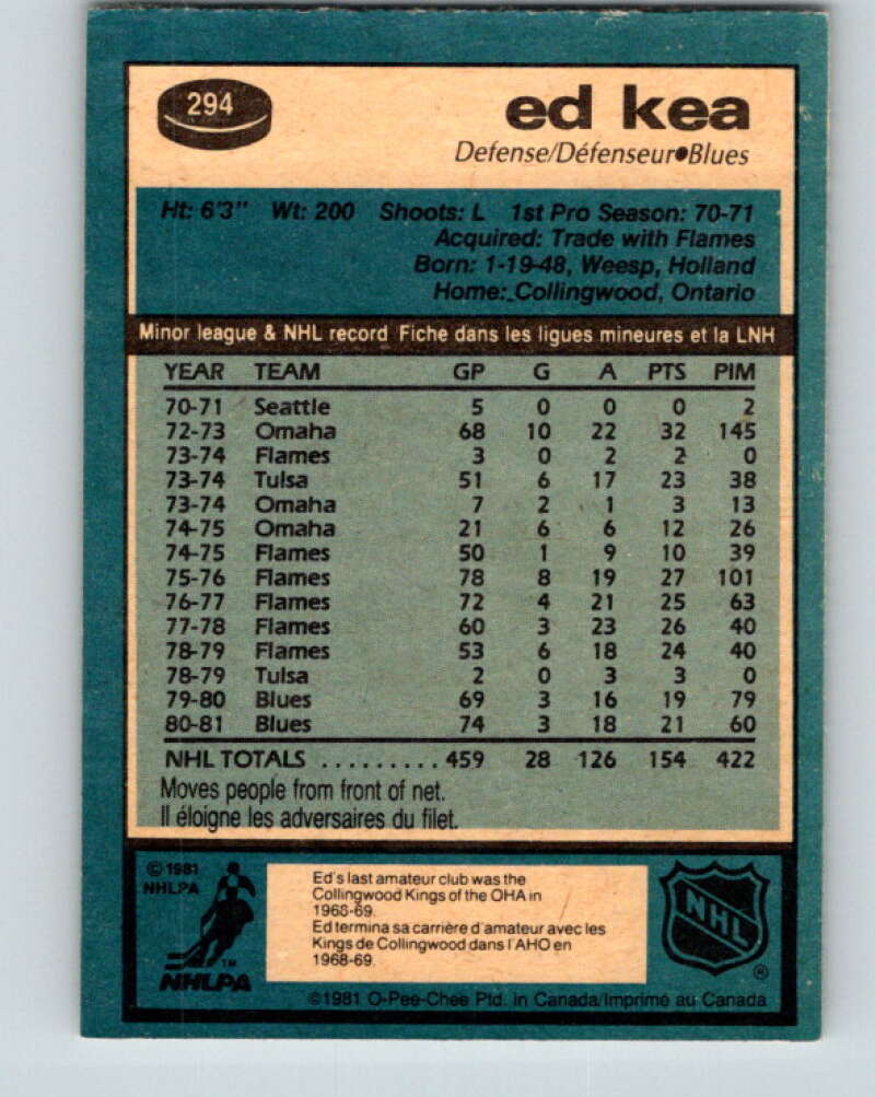 1981-82 O-Pee-Chee #294 Ed Kea St. Louis Blues V31563