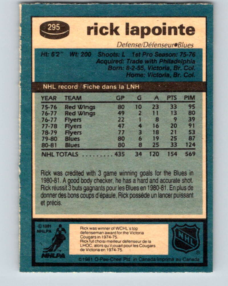 1981-82 O-Pee-Chee #295 Rick Lapointe St. Louis Blues V31573