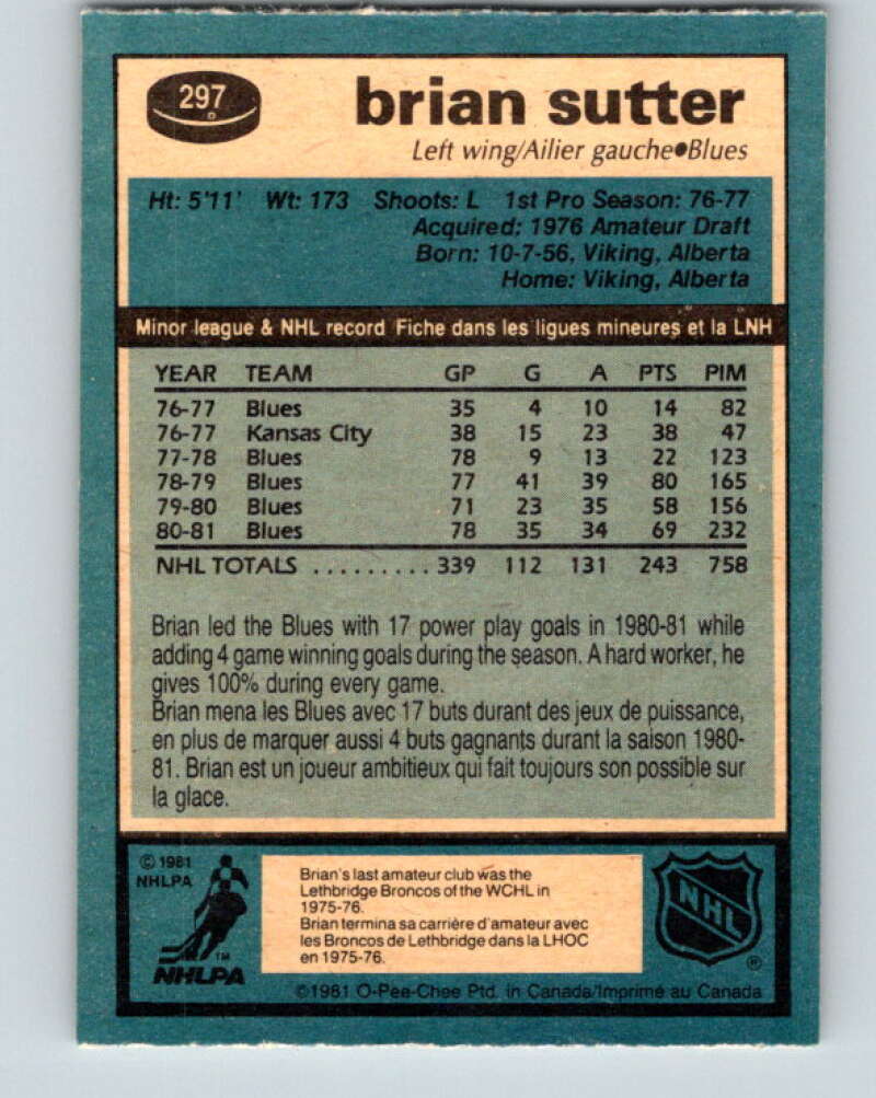 1981-82 O-Pee-Chee #297 Brian Sutter St. Louis Blues V31586