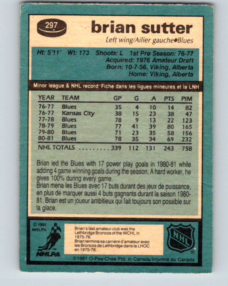 1981-82 O-Pee-Chee #297 Brian Sutter St. Louis Blues V31587
