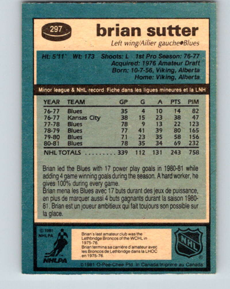 1981-82 O-Pee-Chee #297 Brian Sutter St. Louis Blues V31588