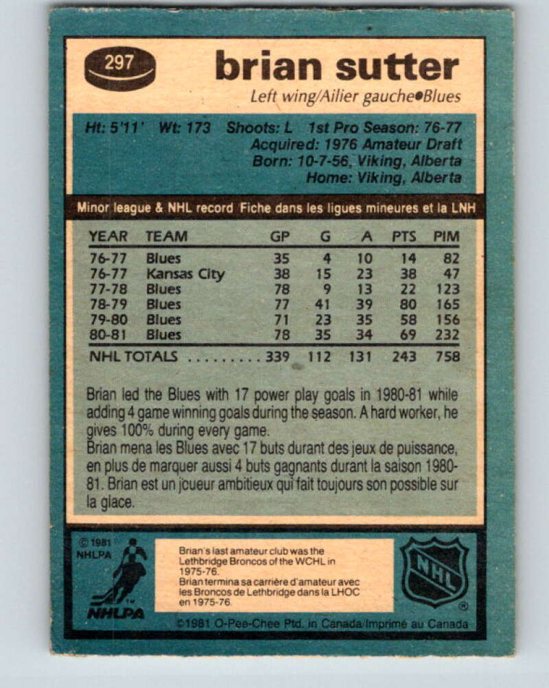 1981-82 O-Pee-Chee #297 Brian Sutter St. Louis Blues V31589