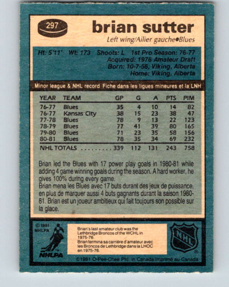 1981-82 O-Pee-Chee #297 Brian Sutter St. Louis Blues V31590