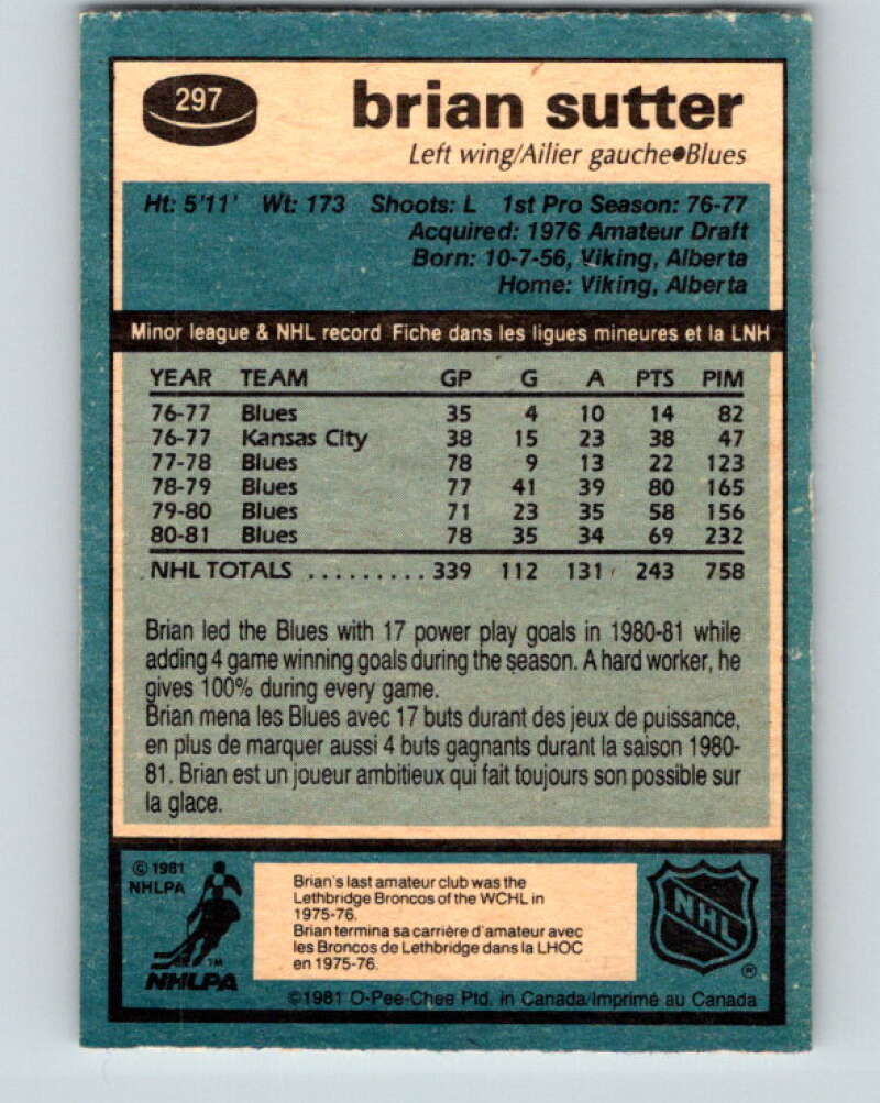 1981-82 O-Pee-Chee #297 Brian Sutter St. Louis Blues V31591