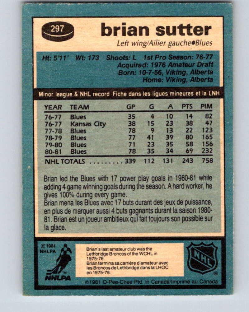 1981-82 O-Pee-Chee #297 Brian Sutter St. Louis Blues V31592
