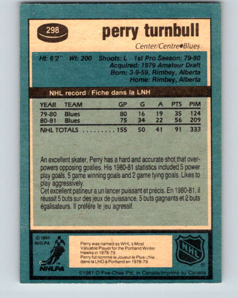 1981-82 O-Pee-Chee #298 Perry Turnbull St. Louis Blues V31595