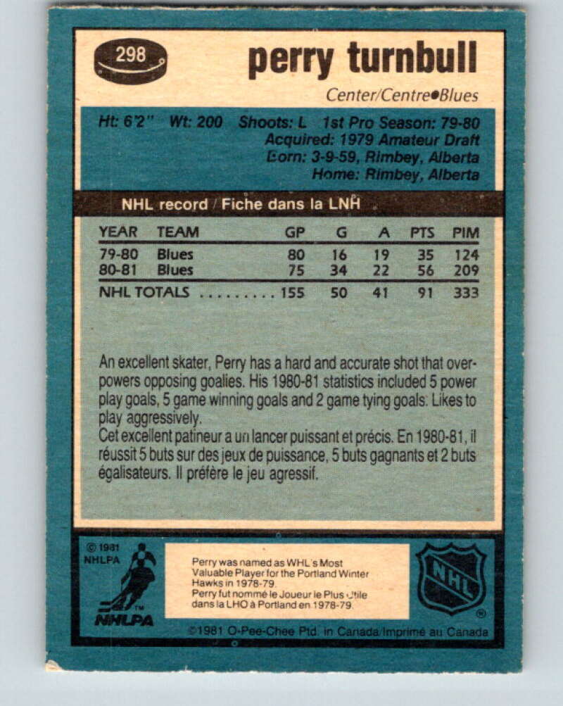 1981-82 O-Pee-Chee #298 Perry Turnbull St. Louis Blues V31596