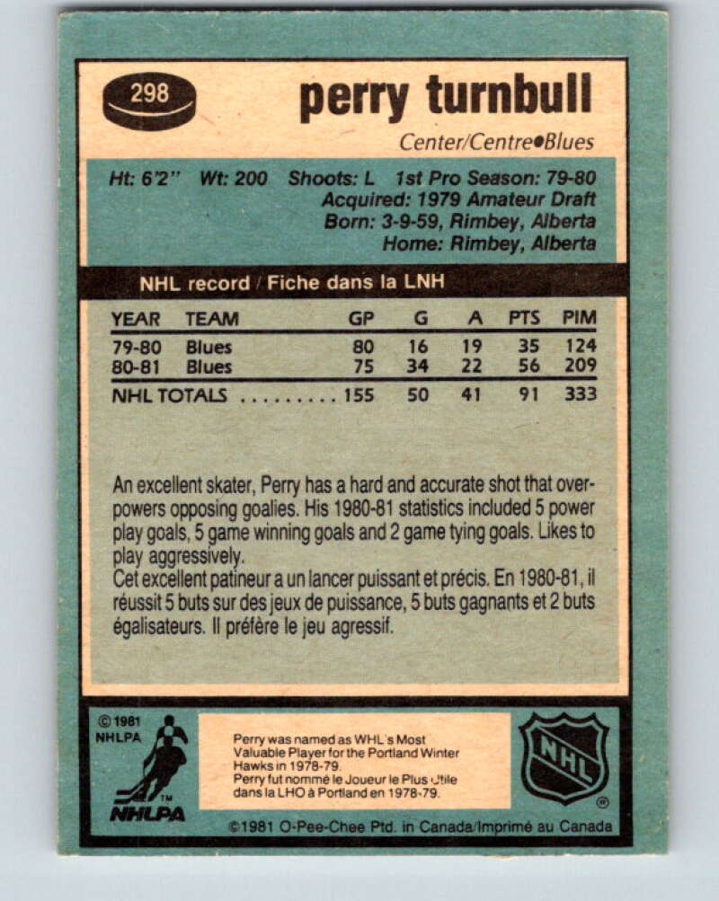 1981-82 O-Pee-Chee #298 Perry Turnbull St. Louis Blues V31597