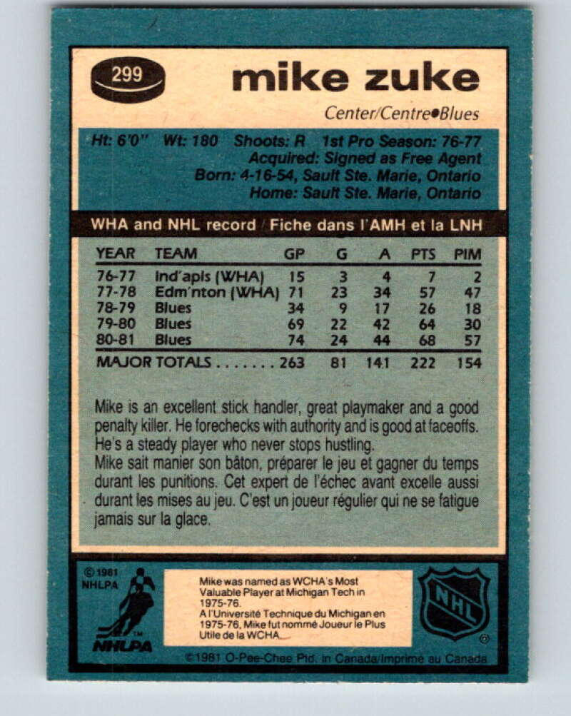 1981-82 O-Pee-Chee #299 Mike Zuke St. Louis Blues V31598