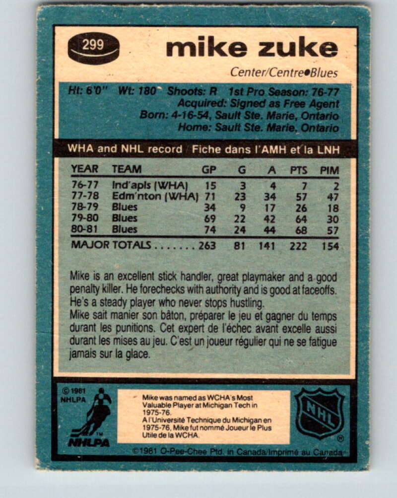 1981-82 O-Pee-Chee #299 Mike Zuke St. Louis Blues V31600