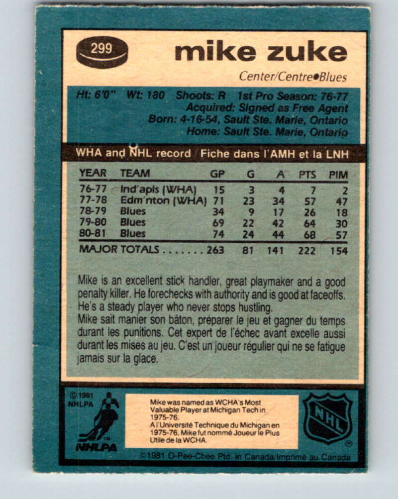 1981-82 O-Pee-Chee #299 Mike Zuke St. Louis Blues V31601