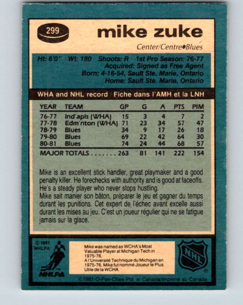 1981-82 O-Pee-Chee #299 Mike Zuke St. Louis Blues V31603