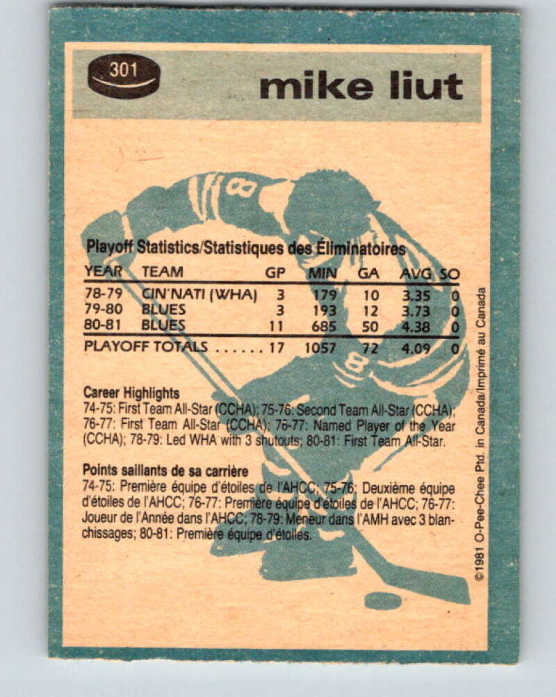 1981-82 O-Pee-Chee #301 Mike Liut St. Louis Blues V31609