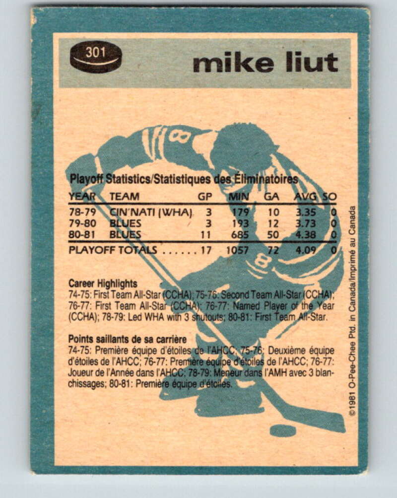 1981-82 O-Pee-Chee #301 Mike Liut St. Louis Blues V31616