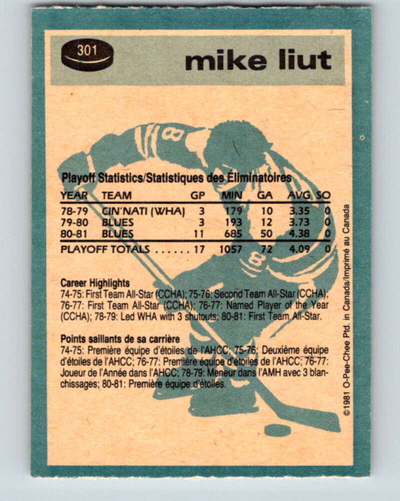 1981-82 O-Pee-Chee #301 Mike Liut St. Louis Blues V31618