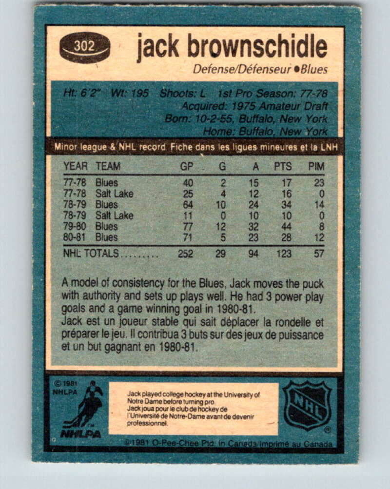 1981-82 O-Pee-Chee #302 Jack Brownschidle St. Louis Blues V31620