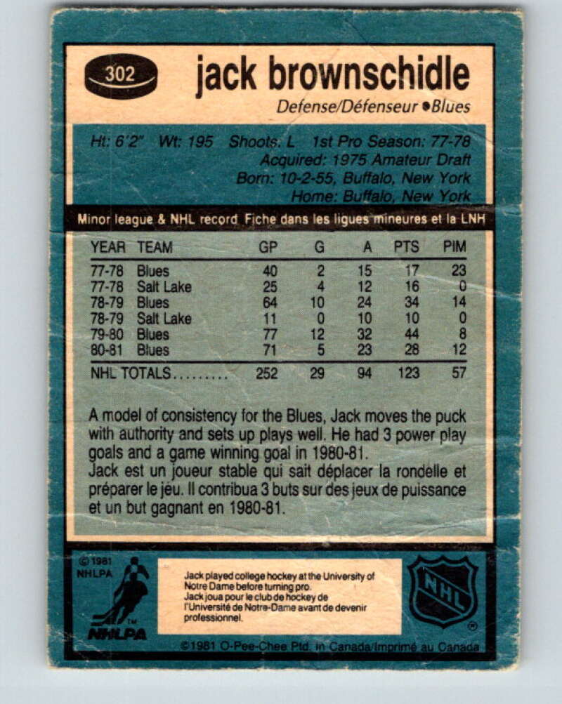 1981-82 O-Pee-Chee #302 Jack Brownschidle St. Louis Blues V31623