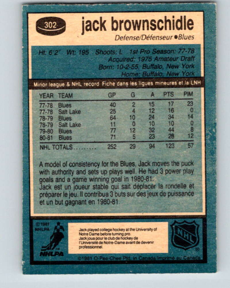 1981-82 O-Pee-Chee #302 Jack Brownschidle St. Louis Blues V31626