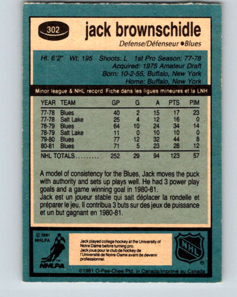 1981-82 O-Pee-Chee #302 Jack Brownschidle St. Louis Blues V31630