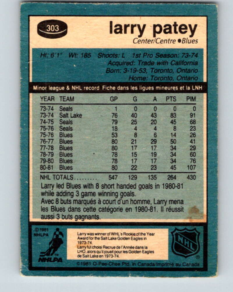 1981-82 O-Pee-Chee #303 Larry Patey St. Louis Blues V31632