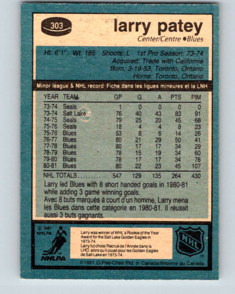 1981-82 O-Pee-Chee #303 Larry Patey St. Louis Blues V31633