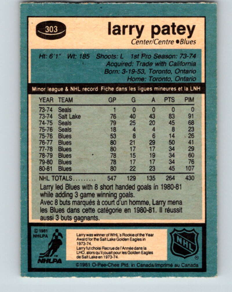 1981-82 O-Pee-Chee #303 Larry Patey St. Louis Blues V31634