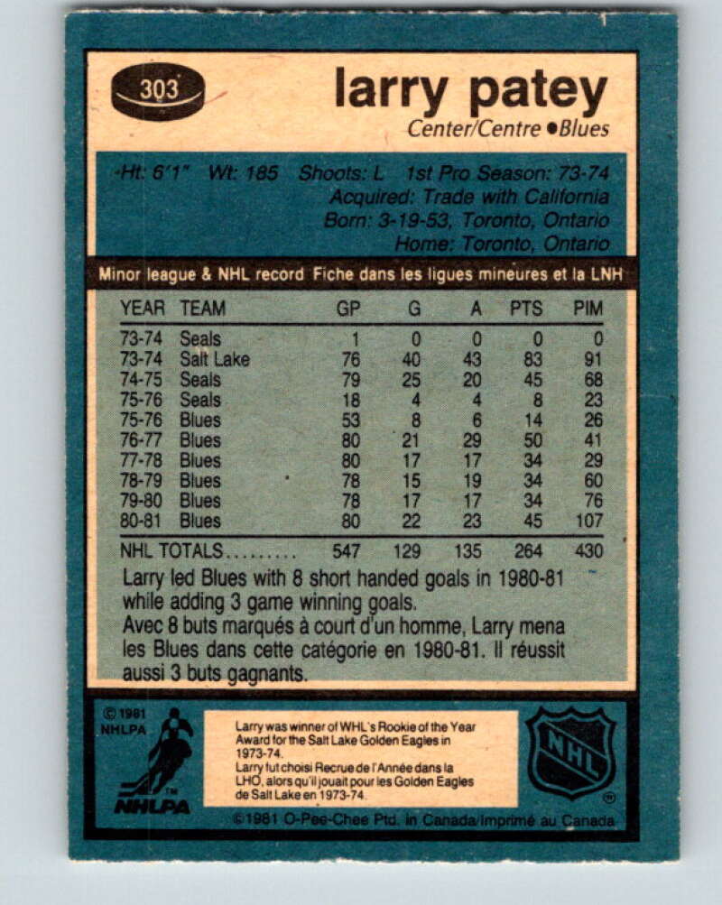 1981-82 O-Pee-Chee #303 Larry Patey St. Louis Blues V31635
