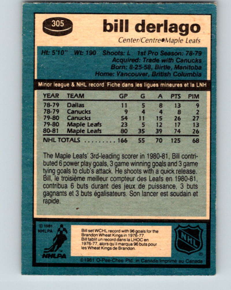 1981-82 O-Pee-Chee #305 Bill Derlago Toronto Maple Leafs V31643