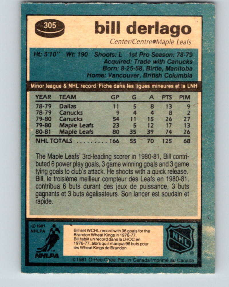 1981-82 O-Pee-Chee #305 Bill Derlago Toronto Maple Leafs V31644
