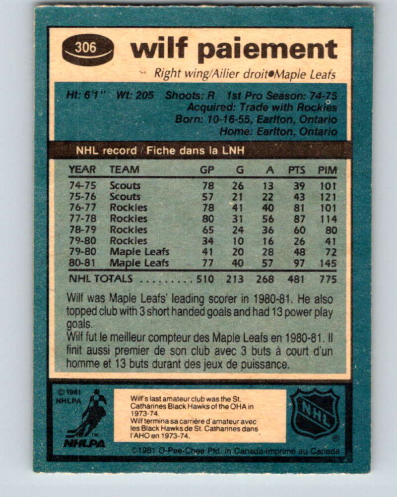 1981-82 O-Pee-Chee #306 Wilf Paiement Toronto Maple Leafs V31646