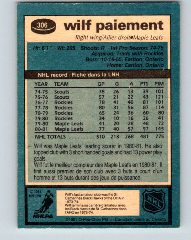 1981-82 O-Pee-Chee #306 Wilf Paiement Toronto Maple Leafs V31647